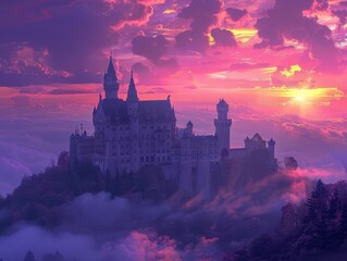 Fototapeta premium Fairy tale castle perched on a hilltop, with turrets and spires reaching towards a pink and purple sky