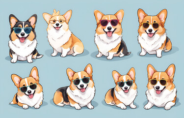 Four grid comics, Corgi dog or Border collie or German Shepherd Dog wearing different outfits, such as Sunglasses or bells, The illustration style is cute with soft colors and simple shapes. Each  one