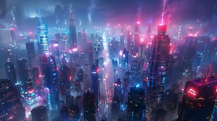 Obraz premium Futuristic cityscape with towering skyscrapers and advanced architecture, illuminated by neon lights