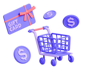 3d cartoon design illustration of Shopping cart and gift card with Dollar coin, Payments by credit card. © EZPS