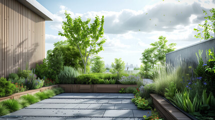A tranquil urban Modern minimalistic garden featuring lush plants and a wooden deck , mockup 3d render exterior 