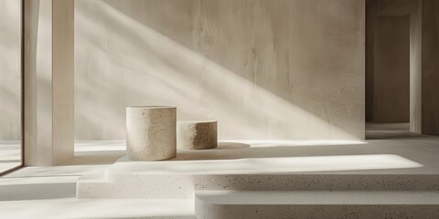 Minimalist Concrete Steps with Cylindrical Platforms in a Bright Room