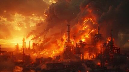 Fototapeta premium Raging Industrial Fire Engulfs Oil Refinery in Apocalyptic Disaster Scene