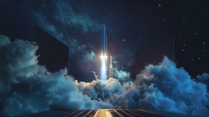 Fototapeta premium Rocket launch from laptop screen in night sky