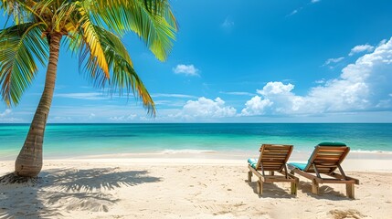 Serene Tropical Beach Haven with Idyllic Palm Trees and Cozy Lounge Chairs Overlooking the Turquoise Ocean