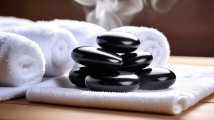 Hot stones and white towels in spa