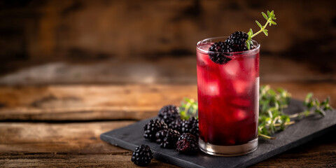 An image of a blackberry collins, served in a tall glass, garnished with blackberries and a sprig of thyme. the drink is set against a rustic bar background with a wood countertop