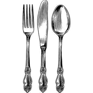 Hand drawn Spoon Fork Butter Knife Set Sketch Illustration