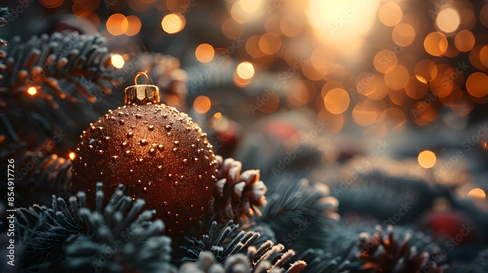 Poster Sparkling Christmas Ornament Hanging on Snowy Evergreen Branches with Festive Bokeh Background