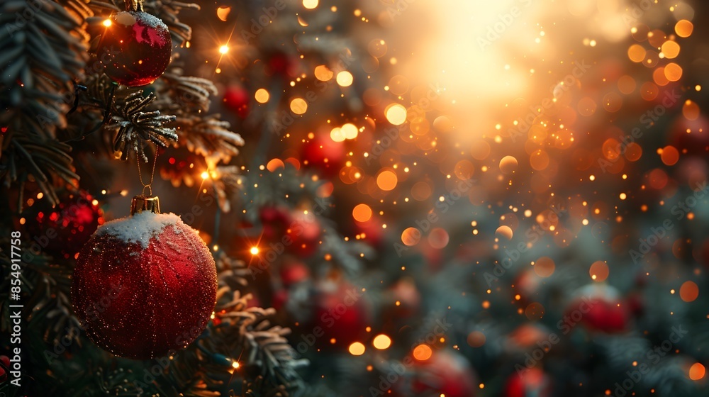 Poster sparkling christmas tree ornaments and twinkling fairy lights surrounded by festive bokeh