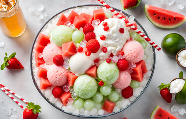A glass bowl filled with watermelon Shaved ice on the beach, crystal clear ice cubes and sparkling water droplets, and several watermelon balls. Topped with a layer of melted yogurt, the ice cream is 