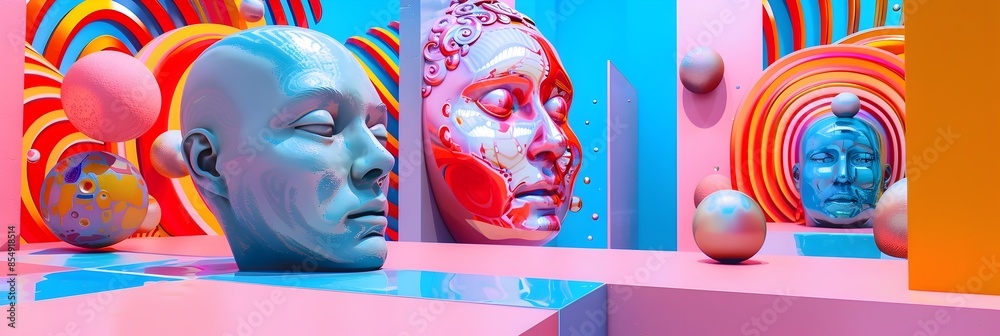 Aufkleber Surreal Digital Artwork with Vibrant Geometric Shapes and Abstract Futuristic Composition