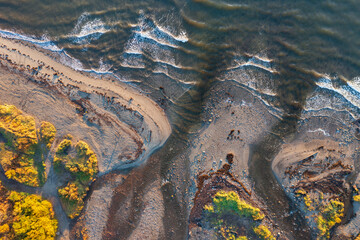 Autumn aerial photograph of the mouth of the river. A small river flows into the sea. Top view of the river, seashore, waves and surf. Beautiful natural background.
