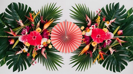 Tropical leaves and exotic flowers with paper party fan on white background top view