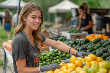 Volunteers distributing reusable bags at a local market