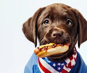 Labrador with Hotdog in 04July Independence Day