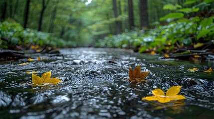Fototapeta premium Tranquil Autumn Stream Flowing Through Lush Forest Landscape