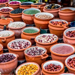 Fototapeta premium Top view of group of terracotta pots with colorful selection of all kind of beans.