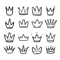 Crowns doodle icons set. Hand drawn crowns vector illustration.