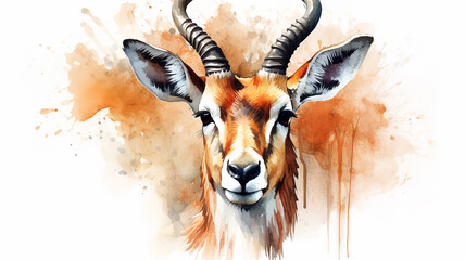 Brown antelope is a wild animal splashed with watercolor paints with a smart expressive look