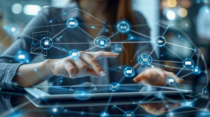 Obraz premium Female interacting with a tablet for online shopping, surrounded by holographic icons showing network connections and digital payments.