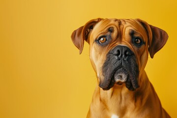 Bullmastiff dog on minimalistic colorful background with Copy Space. Perfect for banners, veterinary ads, pet food promotions, and minimalist designs.