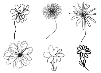 Abstract flowers isolated illustration. Wildflowers for background. Simple minimalist art set continuous line drawing.