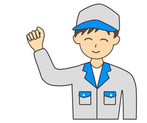 笑顔で ガッツポーズする作業服と帽子を身につけた男性作業員のイラスト