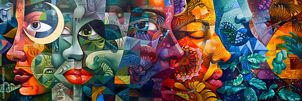 Poster vibrant abstract digital art composition with surreal symbolic imagery and psychedelic elements