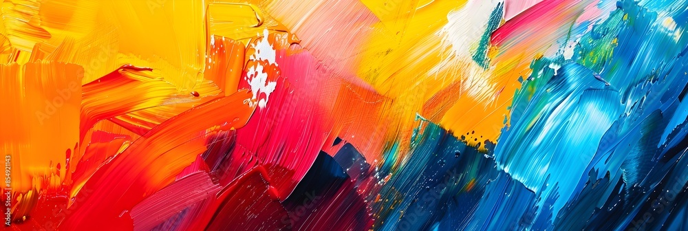 Poster vibrant abstract expressionist painting with energetic brush strokes and multicolored fluid movement