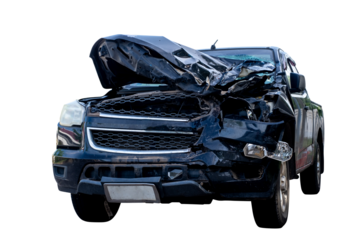Front and side view of black pickup truck car get damaged by accident on the road. damaged cars after collision. isolated transparent background, PNG File