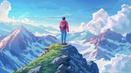 A solitary figure stands on a mountain peak in a vast mountain range