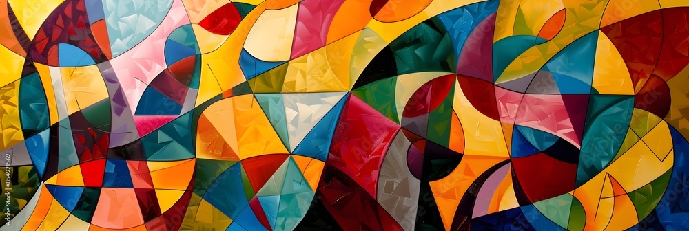 Poster vibrant abstract mosaic of geometric shapes and kaleidoscopic colors showcasing a stunning digital a
