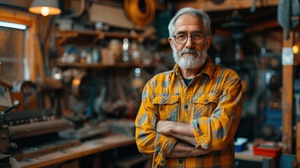 Fototapeta premium Experienced and Knowledgeable Small Business Owner Overseeing Production and Control in His Workshop Filled with Machinery Tools and Equipment