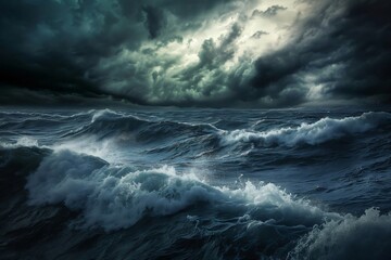 Dramatic photograph capturing a stormy ocean scene with menacing dark clouds and rough, churning waves under a moody sky