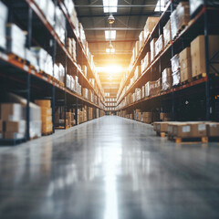 Fototapeta premium Interior of warehouse with floor to ceiling shelves with boxes