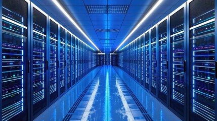 Fototapeta premium Blue-lit data center corridor: Rows of servers stretch into the distance, illustrating the scale and complexity of modern information storage