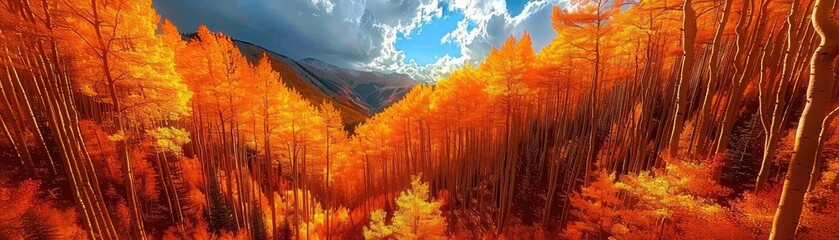 Stunning panoramic view of a vibrant orange forest with a dramatic sky, capturing the essence of autumn's breathtaking natural beauty.