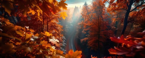 Fototapeta premium Beautiful autumn forest with vibrant red and orange foliage, a serene path, and sunlight filtering through the trees at sunset.