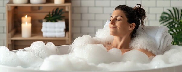 Woman relaxing in a bubble bath, surrounded by candles and plants in a spa-like setting, enjoying a moment of tranquility and self-care.