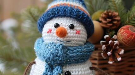 Snowman doll made with crocheted knitting