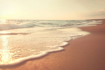 Obraz premium Soft waves gently caress the sandy shore during the golden hour, casting a warm, tranquil glow over the serene beachscape