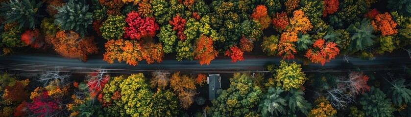 Aerial view of a road cutting through a vibrant autumn forest, showcasing a vivid tapestry of red, orange, yellow, and green foliage.