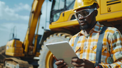 Fototapeta premium Construction worker checking tablet near excavators