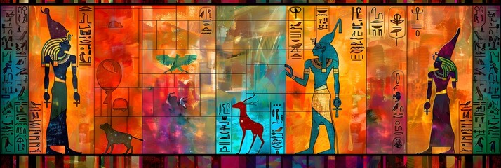Fototapeta premium Vibrant Ancient Egyptian Mythology Hieroglyphics Themed Backdrop
