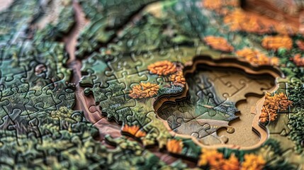 Fototapeta premium Close-up of puzzle assembly, emphasizing the satisfaction of connecting each piece into a cohesive whole