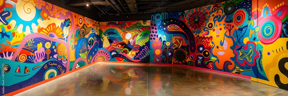 Poster vibrant and captivating psychedelic mural painting featuring surreal and imaginative organic pattern