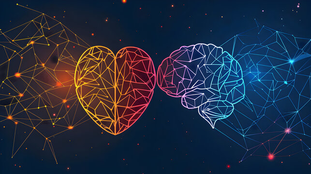 An illustration of a heart and brain connected by a network of colorful threads, symbolizing emotional intelligence, illustration.


