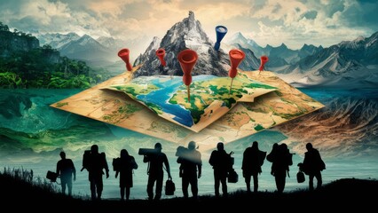 A detailed map with various locations marked, surrounded by majestic mountains and dense forests. Silhouettes of hikers with backpacks are visible at the bottom.