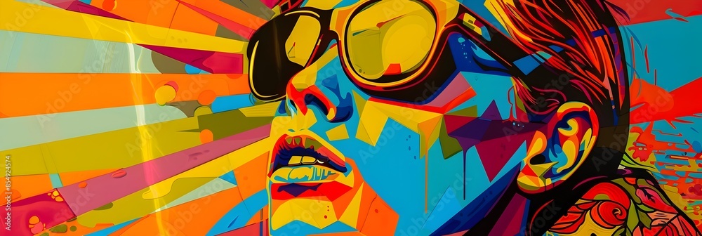 Poster vibrant and energetic digital portrait with sunglasses and exploding colors